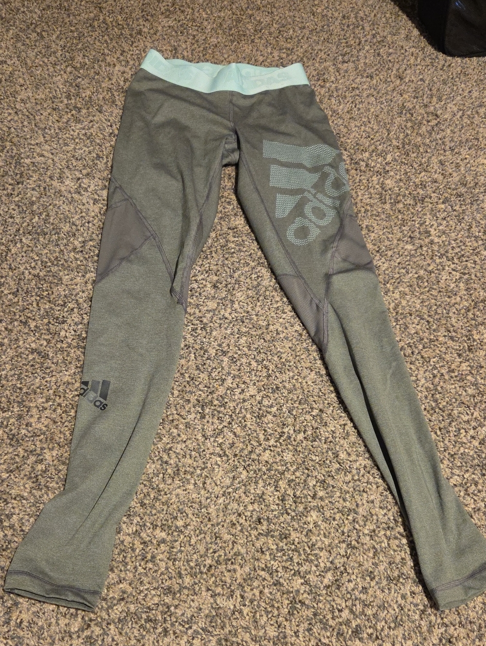 Adidas Women's Olive Green Logo Performance Leggings with Mint Waistband